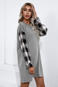 Plaid Sleeve Contrast T-Shirt Dress - [Sunshine&confettiboutique]