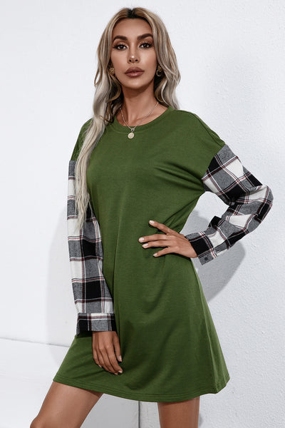 Plaid Sleeve Contrast T-Shirt Dress - [Sunshine&confettiboutique]